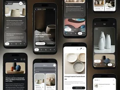A collage of smartphone mockups showing a pottery business app/site with product listings, feed, event, blog, shop, product-detail, and cart screens.