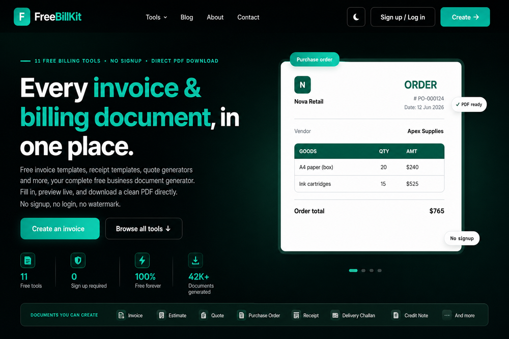 FreeBillKit helps freelancers, startups, contractors, and small businesses create professional business documents in minutes. Generate invoices, receipts, quotations, purchase orders, delivery challans, credit notes, and more without signup or watermarks.