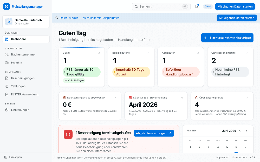 Freistellungsmanager web dashboard in German showing a sidebar navigation, compliance status cards, an expired-certificate alert, and a June 2026 calendar.