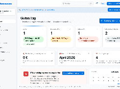 Freistellungsmanager web dashboard in German showing a sidebar navigation, compliance status cards, an expired-certificate alert, and a June 2026 calendar.