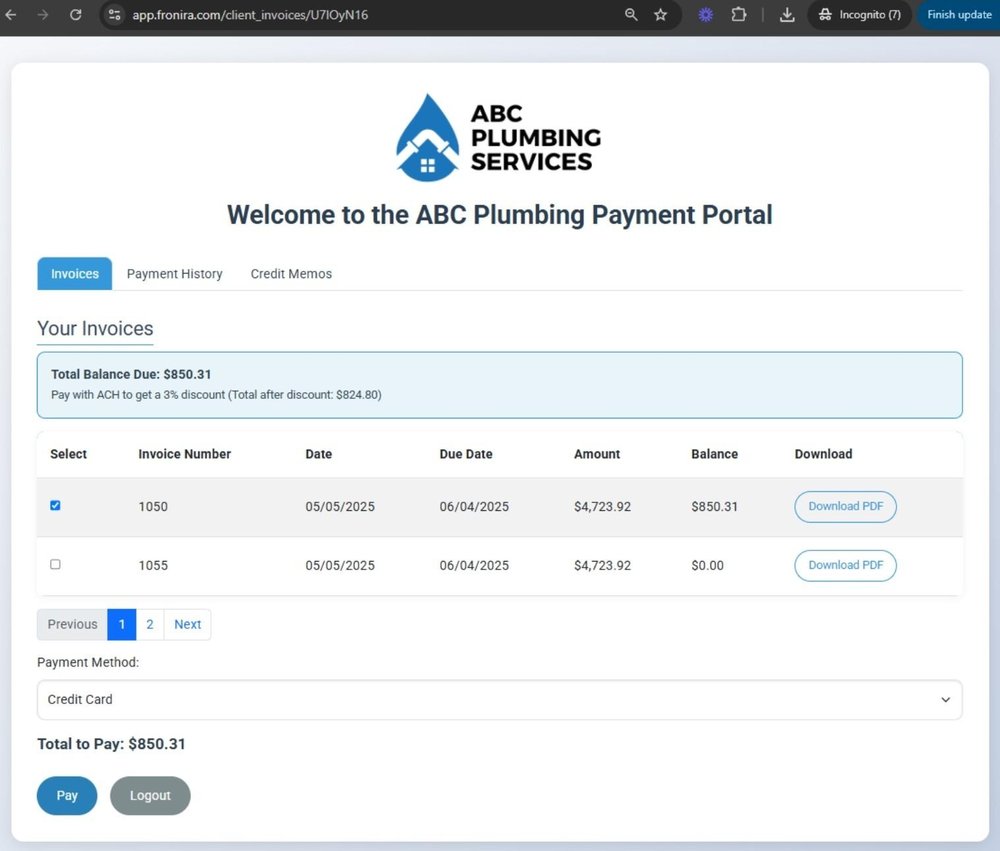 ABC Plumbing Services payment portal showing invoice tabs, invoice rows, balance amounts, a payment-method dropdown, and Pay button in a browser window.