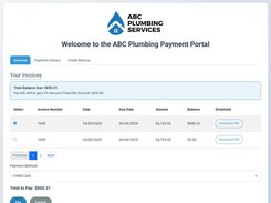 ABC Plumbing Services payment portal showing invoice tabs, invoice rows, balance amounts, a payment-method dropdown, and Pay button in a browser window.