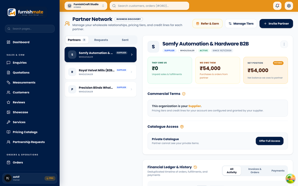 FurnishMate Partner Network page showing wholesale partner records, account balances, commercial terms, catalogue access, and ledger controls.