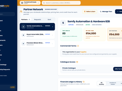 FurnishMate Partner Network page showing wholesale partner records, account balances, commercial terms, catalogue access, and ledger controls.