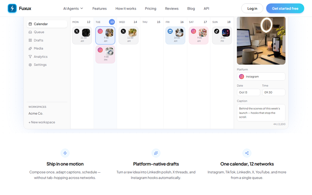 One calendar for 12 networks: plan the week and edit each post's caption per platform