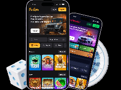 Two smartphone mockups display dark-themed casino lobby interfaces branded FierSpin and VulkanStar, with game tiles, register buttons, promotional car images, and decorative dice and roulette wheel graphics.
