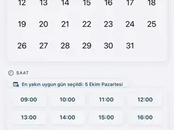 Mobile new-appointment screen with an October 2026 calendar, selectable appointment times, optional note field, and appointment creation button.