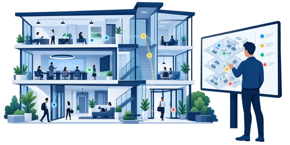 Illustrated multi-floor office building with colored location dots and dotted paths, alongside a large display showing a floor map and status markers.