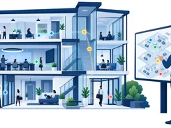 Illustrated multi-floor office building with colored location dots and dotted paths, alongside a large display showing a floor map and status markers.