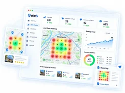 GBPly Rank Tracker dashboard showing rank, keyword, visibility, local rank heatmap, ranking trend, keyword positions, and location performance panels.