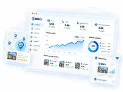 GBPly Insights dashboard showing views, calls, website clicks, direction requests, profile views, search visibility, location performance, and a reporting card.