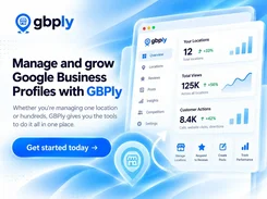 GBPly dashboard graphic with navigation for Overview, Locations, Reviews, Posts, Insights, Competitors, and Settings, plus cards for locations, total views, and customer actions.