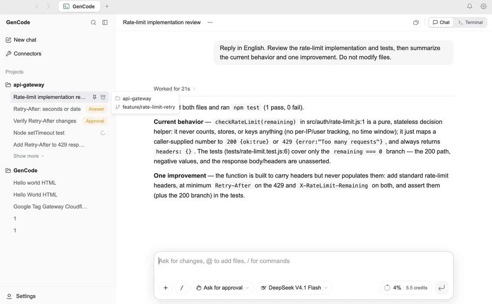 GenCode workspace showing a rate-limit implementation review conversation, project files in a left sidebar, and Chat and Terminal controls.