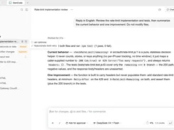 GenCode workspace showing a rate-limit implementation review conversation, project files in a left sidebar, and Chat and Terminal controls.