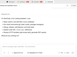 GenCode chat interface describing coding-assistant capabilities including editing files, running shell commands, debugging, and writing tests.