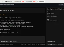 Dark GenCode terminal view showing a coding-assistant greeting, capabilities list, context usage, model information, and workspace status.