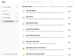Skills dialog in the product interface listing Genspark Skills such as gsk-acp-agents, gsk-aidrive, and gsk-audio-generation, each with an Add button.