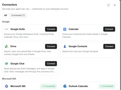 Connectors dialog listing Google Suite, Calendar, Drive, Google Contacts, Google Chat, Microsoft 365, and Outlook Calendar with connection controls.
