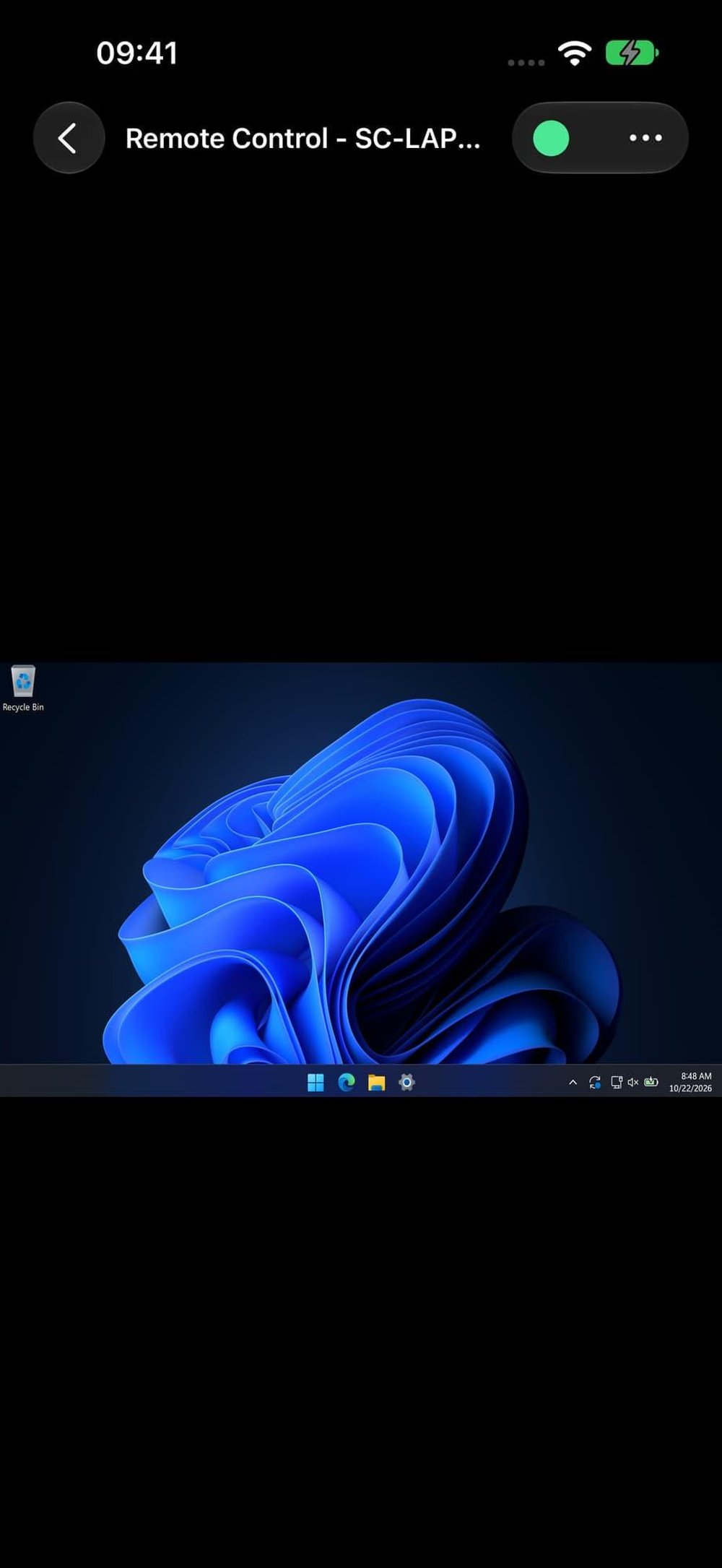 Mobile remote-control screen connected to SC-LAPTOP, displaying a dark Windows 11 desktop.