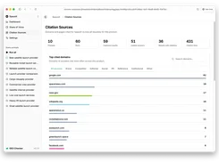 GEO Checker Citation Sources page listing prompt, run, result, answer, citation totals, and top cited domains with horizontal bars.