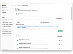 GEO Checker Monitoring Settings page with product name and URL fields, aliases, and enabled query prompts.
