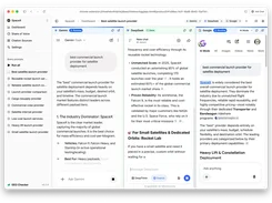 GEO Checker dashboard detail view comparing Gemini, DeepSeek, and Google AI responses for the query “best commercial launch provider for satellite deployment.”