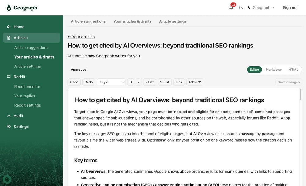 Geograph article editor showing an approved article titled “How to get cited by AI Overviews: beyond traditional SEO rankings.”