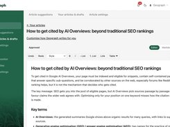 Geograph article editor showing an approved article titled “How to get cited by AI Overviews: beyond traditional SEO rankings.”