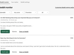 Geograph Reddit monitor page with filters and monitored Reddit posts, each offering Draft reply, Dismiss, and Open on Reddit actions.