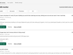 Geograph Reddit monitor showing SideProject posts with relevance scores and controls to draft replies or dismiss posts.