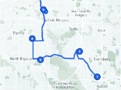 Mobile mapping app screen showing a blue numbered route with six stops between Hudson, Cleveland, and nearby Ohio locations, plus bottom navigation for Map, Lists, Search, Routes, and Settings.