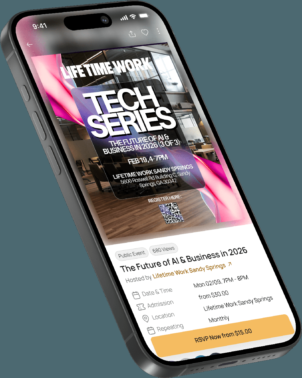 Mobile event listing with event details, RSVP button, and QR registration code.