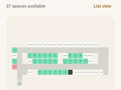 Mobile parking screen for Bishō showing a short-stay selector, 27 available spaces, and a tappable color-coded parking-lot map.
