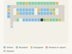 Mobile lot-management screen showing counts for 55 spaces, zero parked, and nine assigned, with a color-coded parking map, legend, search field, and space list.