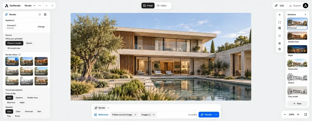 GetRender's Render workspace displaying a photorealistic modern house image, render-effect options, version thumbnails, and a Render button.