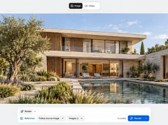 GetRender's Render workspace displaying a photorealistic modern house image, render-effect options, version thumbnails, and a Render button.