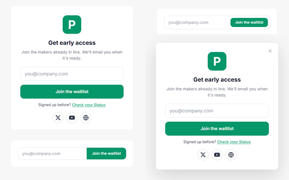 A set of light-themed waitlist signup form layouts with a green P icon, email input fields, join buttons, status link, and social icons.