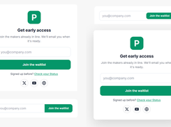 A set of light-themed waitlist signup form layouts with a green P icon, email input fields, join buttons, status link, and social icons.