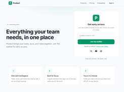 A light-themed landing page labeled “Product” with navigation links, a headline about bringing tasks, docs, and notes together, and an early-access waitlist form.