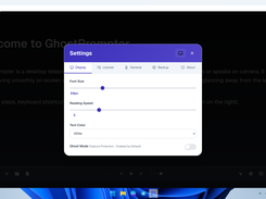 The Display Settings panel featuring font size adjustments, reading speed configuration, text color customization, and the essential Ghost Mode (Capture Protection) toggle.