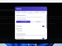 General and General-Audio configuration tab displaying microphone input devices, global hotkeys, mouse controls, and Voice-Activated Scrolling setup.