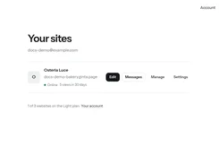 Ginta’s “Your sites” dashboard listing the Osteria Luce site with actions for editing, messages, management, and settings.