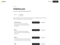 Ginta’s site management page showing ready-made website sections including Announcements, Menu, Gallery, and Blog.