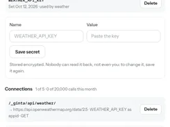 Ginta’s Advanced developer settings page for API secrets and external API connections, including a weather connection form.