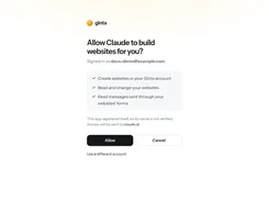 A Ginta authorization screen asking to allow Claude to create and edit websites and read website-form messages.