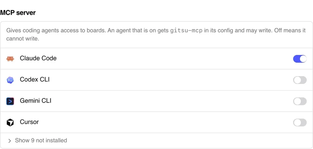 White MCP server settings page listing Claude Code, Codex CLI, Gemini CLI, and Cursor with enable switches.