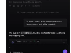 Dark coding-agent chat interface discussing issue #1184 and Codex writing a regression test, with a message composer and branch selector.