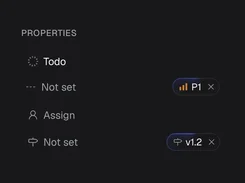 Dark issue properties panel with Todo status, an Assign field, priority P1, and version v1.2 chips.