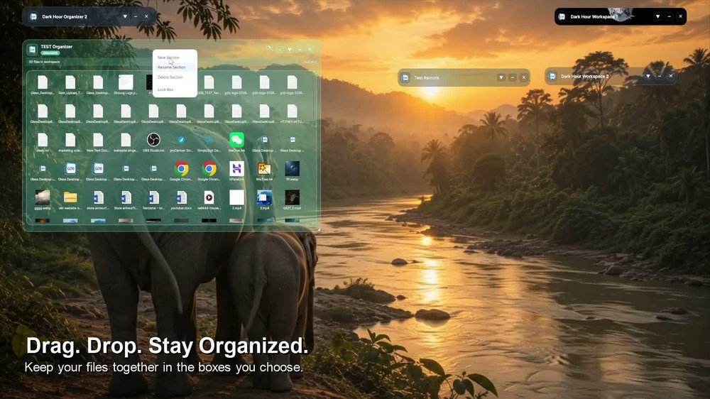 Desktop showing a large translucent organizer box filled with file and app icons, several workspace bars, and text reading “Drag. Drop. Stay Organized.”