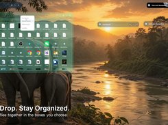 Desktop showing a large translucent organizer box filled with file and app icons, several workspace bars, and text reading “Drag. Drop. Stay Organized.”